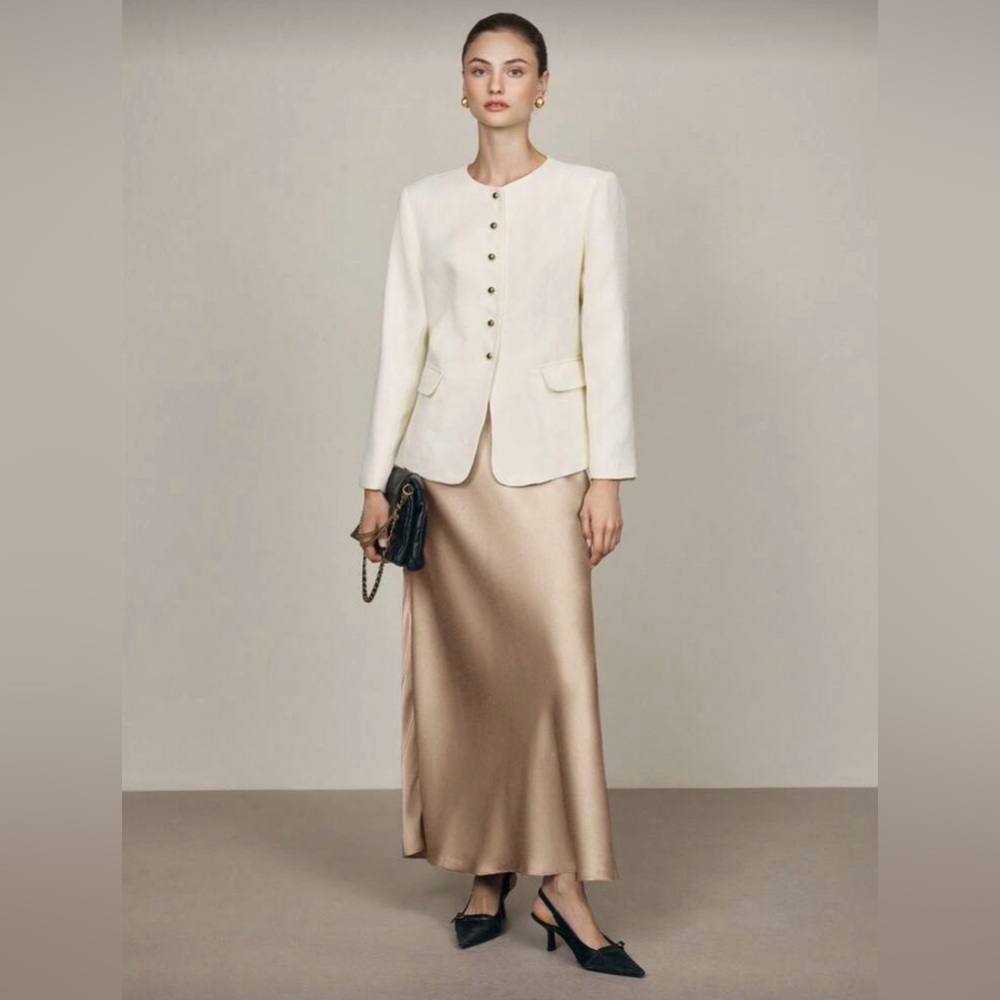 Elegant Cream Blazer and Tan Skirt Set